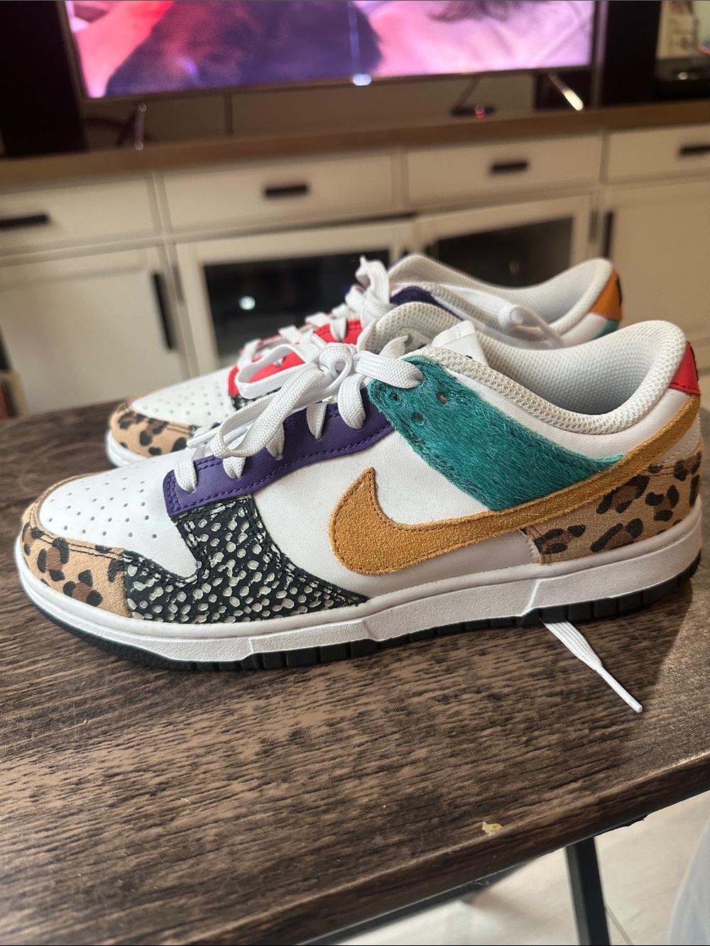 Nike Dunk Low SE White with Gold Swoosh, Teal, Purple & Leopard Accents - Picture 2 of 6